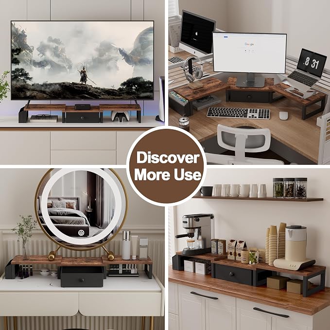 LAND·VOI Heavy Duty Dual Monitor Stand, Holds 2 Screens Up to 27 Inches, Adjustable Length and Angle Monitor Riser, Desk Organizer with Side Pockets and Drawers, Home Office Desk Storage, Rustic Brown - Image 8