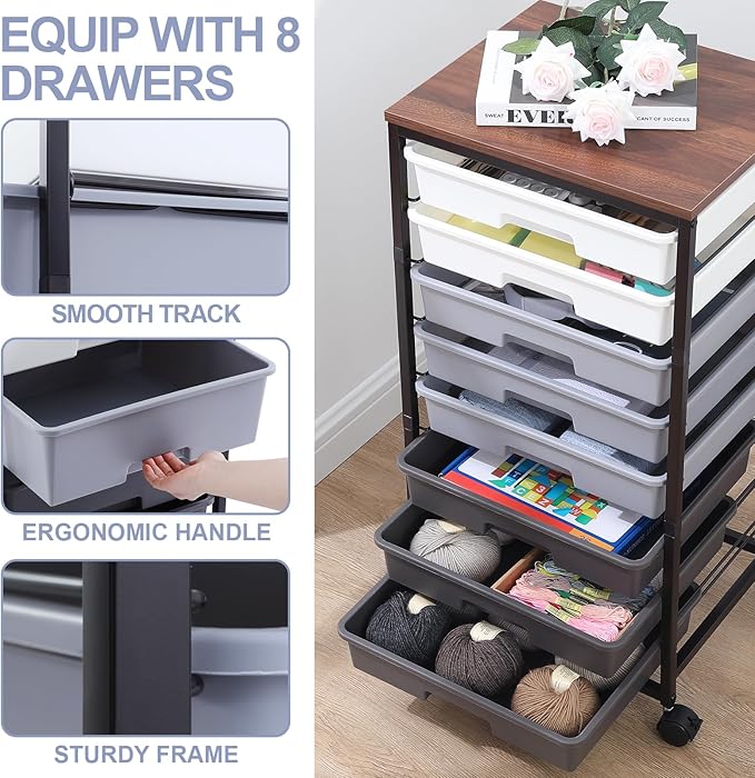 SYKIARIOL Rolling Cart with Drawers,8 Drawers Utility Cart,Grey Gradient | Craft Organizers and Storage with Wooden Tabletop for Living Room,Classroom,Bedroom,Bathroom,Dorm,Office - Image 3