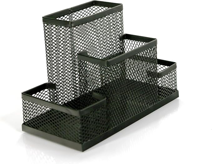 Huron Pen Holder and Desk Organizer Caddy, 4 Compartment Storage for Pencils Pens Sticky Notes Office Desk Accessories for Home Office,Black Steel Mesh (1/4/24/96) (1 pc) - Image 3