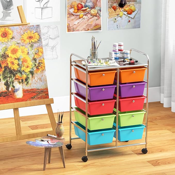 Giantex 10 Drawers Rolling Cart, Classroom Organizers, Storage Cart with Wheels, for Teacher Office Home School Supplies Tool Craft Art Paper, Rainbow Color - Image 2