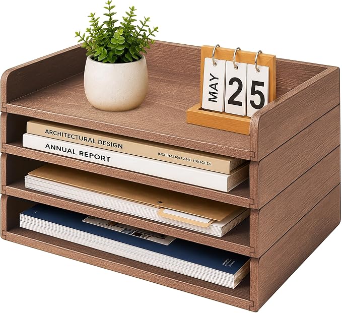 4 Pack Stackable Paper Tray, Wooden Paper Tray Organizer with Letter Tray, Paper Holder for Desk, Desktop File Storage Rack for Study, Home and Office (Walnut) by Hamstercages