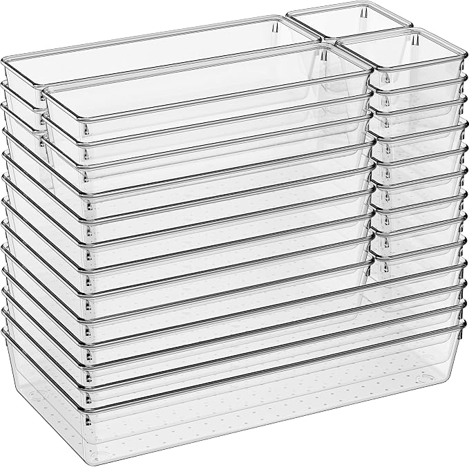 Large Clear Plastic Drawer Organizer 28 Pack - 5 Sizes (XL to small) Acrylic Drawer Organizer Trays for Kitchen Utensils, Gadgets, Bathroom, Vanity and Makeup, Office - Everything Can Be Organized! by Criusia