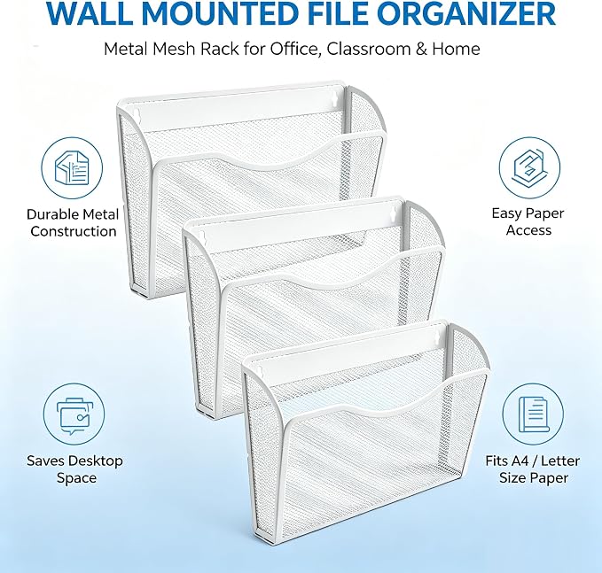 Gawerk Mesh Hanging Wall File Holders, Metal Vertical Wall Basket Mail Organizer for Office/Home (White, 3 Pack Wall Mounted) - Image 3