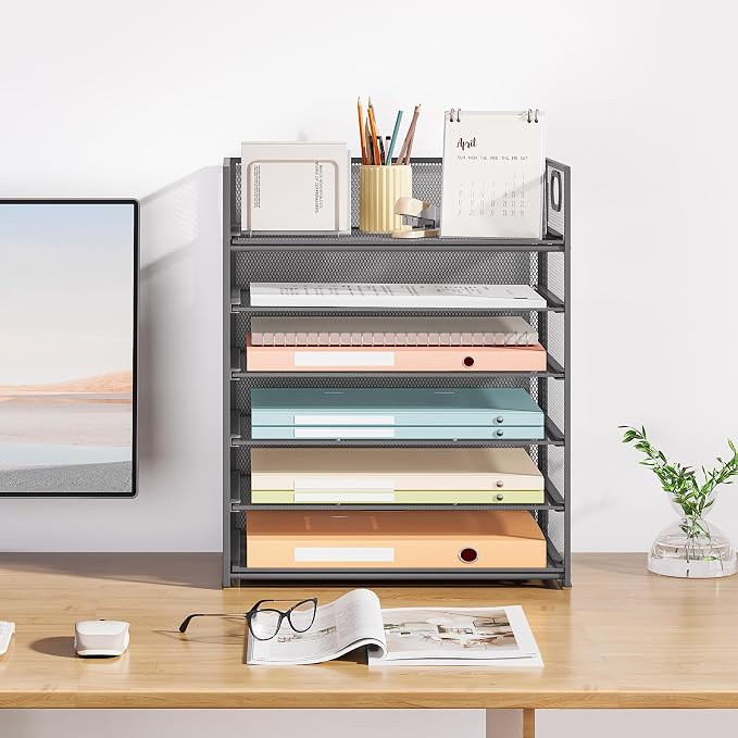 Subekyu 6-Tier Desk Paper Organizer, Desktop File Letter Tray with Handle, Document Sorter and Accessories Holder for Office, Home and School Workspace Organizers, Gray-2 Pack - Image 7