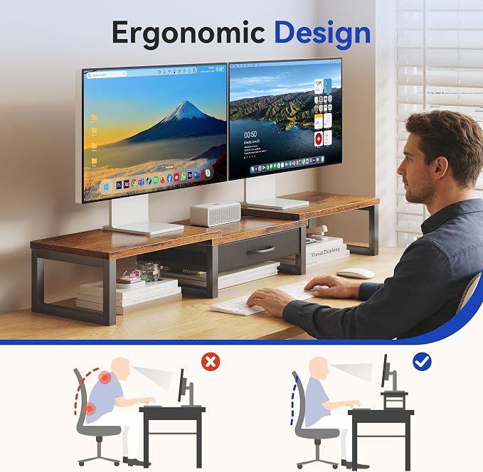 Desk Organizers and Accessories, Dual Monitor Stand Riser with Drawer, Computer Monitor Stand, Adjustable Desk Shelf for PC Laptop Printer TV, Brown - Image 4