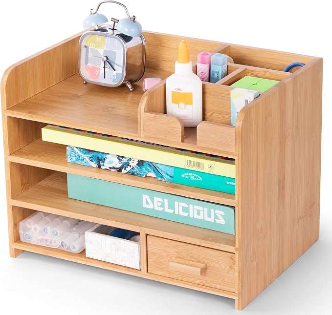 Bamboo Desktop Organizer with Drawers, Tabletop Storage Organization Box for Office Home Toiletries Supplies, 4 Tiers by HYNAWIN