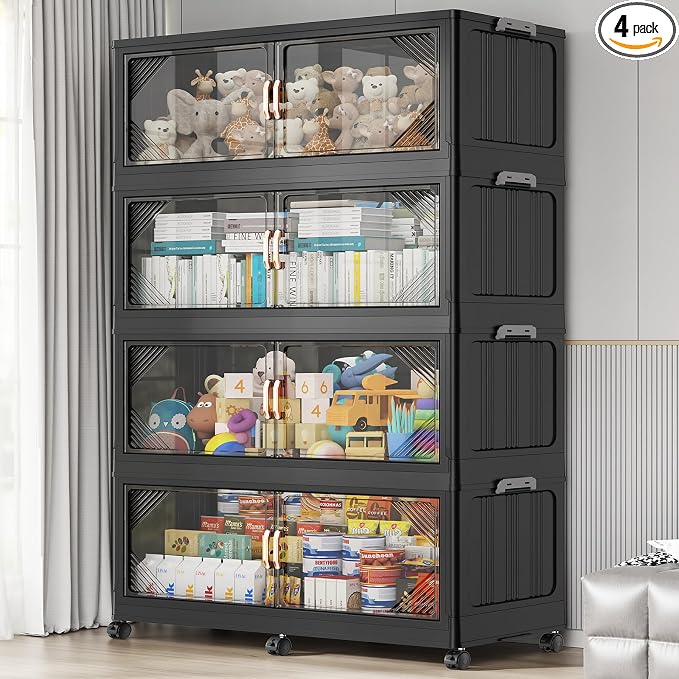 BROVIEW V60 880QT Plastic Stackable Storage Bins with Lid, 4Pack Black | 220Gal Extra Large Closet Organizers Collapsible Cabinets Boxes With Drawer, Foldable Container with 6x Wheels for Home by BROVIEW-EnjoytheArtofLife