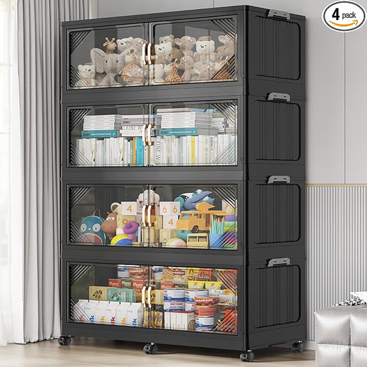 BROVIEW V60 880QT Plastic Stackable Storage Bins with Lid, 4Pack Black | 220Gal Extra Large Closet Organizers Collapsible Cabinets Boxes With Drawer, Foldable Container with 6x Wheels for Home by BROVIEW-EnjoytheArtofLife