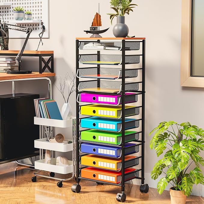 Simple Trending 12-Tier Rolling File Cart, Desk File Organizer with 11 Mesh Sliding Trays, Letter & Legal Paper Storage Rolling Utility Cart for Office Home School, Black - Image 2