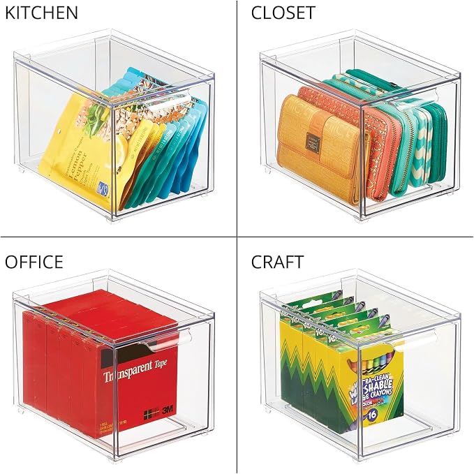 mDesign Plastic Stackable Bathroom Storage with Pull Out Bin Organizer Drawer for Cabinet, Vanity, Shelf, Cupboard, Cabinet, or Closet Organization - Lumiere Collection - 4 Pack - Clear - Image 7