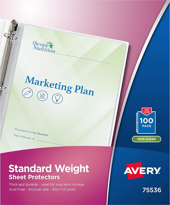 Avery® Semi-Clear Standard Weight Sheet Protectors, Top Load, 100 Document Protectors (75536) by Avery