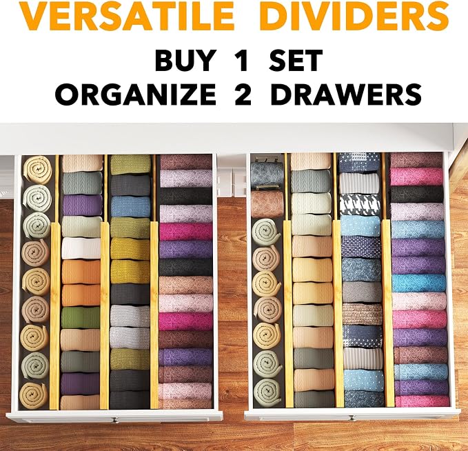 SpaceAid Bamboo Dresser Drawer Dividers 6 Pack, 4.65“ High Adjustable 17“-22” Drawer Organizers, Expandable Organization for Clothing, Clothes, Dressers, Natural - Image 5