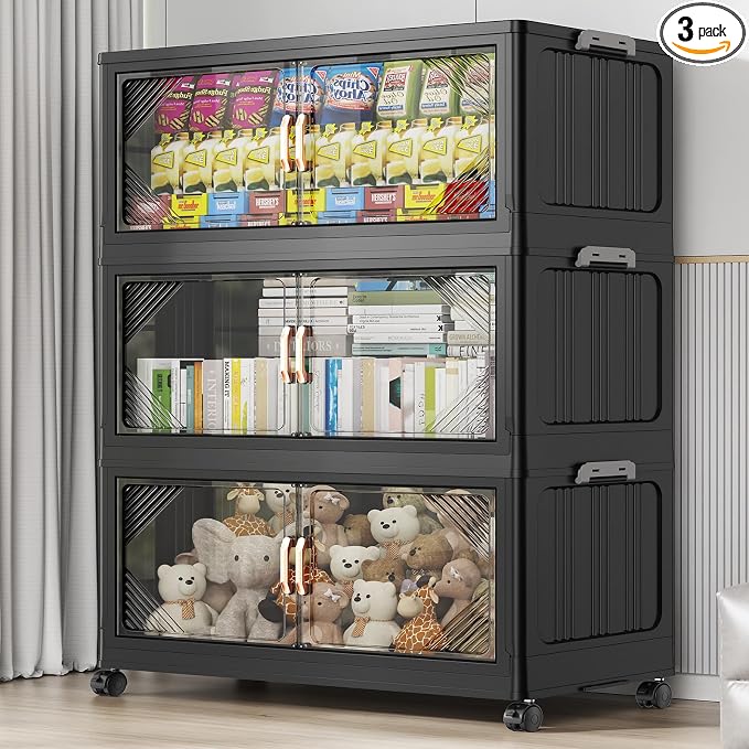 BROVIEW V60 420QT Plastic Stackable Storage Bins with Lid, 3Pack Black | 105Gal Extra Large Closet Organizers Collapsible Cabinets Boxes With Drawer, Foldable Container with 4x Wheels for Home by BROVIEW-EnjoytheArtofLife
