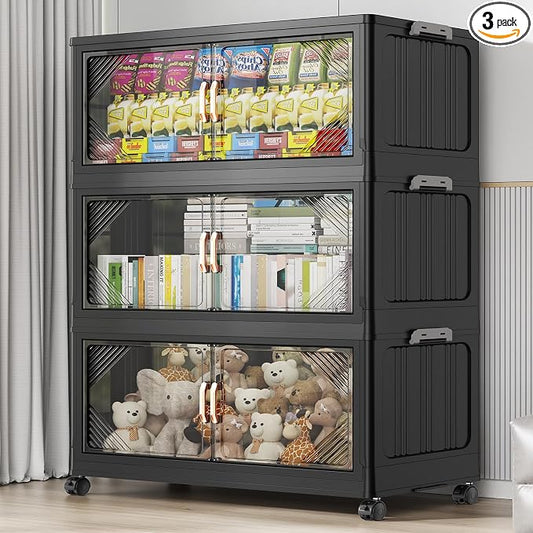 BROVIEW V60 420QT Plastic Stackable Storage Bins with Lid, 3Pack Black | 105Gal Extra Large Closet Organizers Collapsible Cabinets Boxes With Drawer, Foldable Container with 4x Wheels for Home by BROVIEW-EnjoytheArtofLife