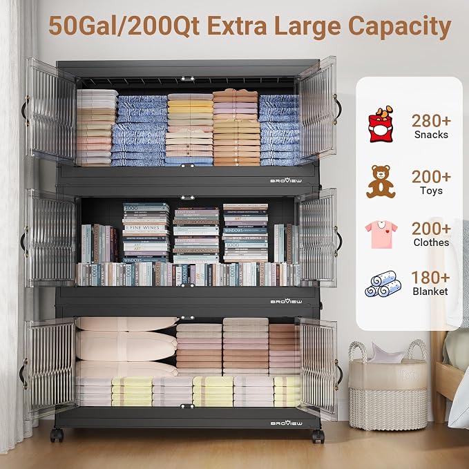 BROVIEW 800Qt Extra Large Stackable Storage Bins with Lid, Closet Organizer Collapsible Drawer Boxes with Wheels, Folding Plastic Cabinet Containers for Home Kitchen Room Organization, 4Pack Black - Image 5