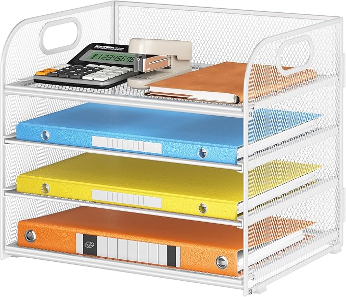 Lavatino Paper Organizer for Desk, 4-Tier Desk Organizer Tray, Mesh Desktop File Organizers with Handle, Office Classroom Organization and Storage-White by Lavatino