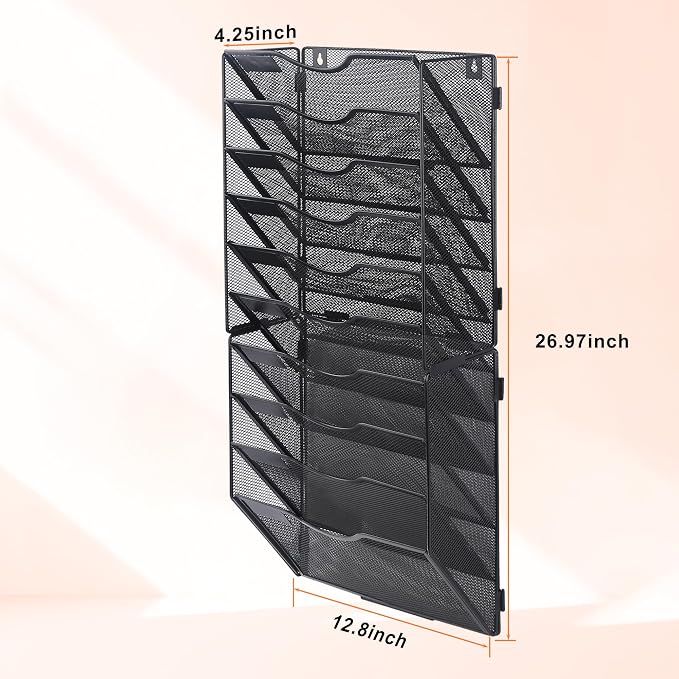 COSYAWN 10 Tier Mesh Hanging Wall File Organizer, Wall Mounted Mail Paper Document Folder Holder for Office Home School, Black - Image 2