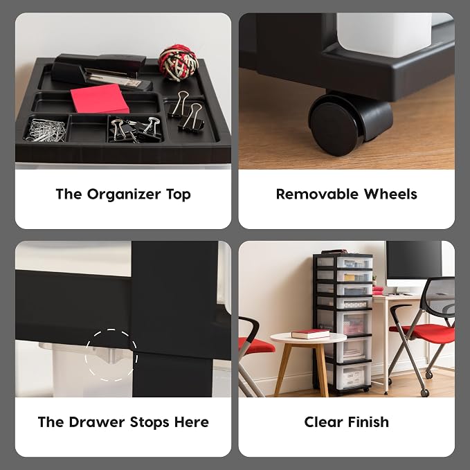 IRIS USA 7-Drawer Rolling Storage Cart, Black/Clear | Keep craft supplies, office essentials, classroom items, and accessories organized with easy-access drawers for daily use - Image 8