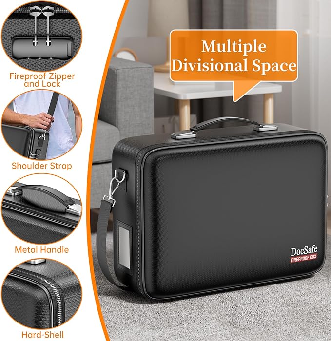 DocSafe Fireproof Document Box Hard Case with Lock ＆ Accordion File Folder | Fire and Water Resistant Safe Box,File Organizer,Multi-Pocket,Home Office Travel Storage for Important Document,Laptop,Black - Image 4