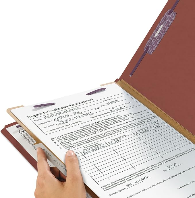 Smead Pressboard Classification File Folder with SafeSHIELD Fasteners, 1 Divider, 2" Expansion, Legal Size, Red, 10 per Box (18775) - Image 9