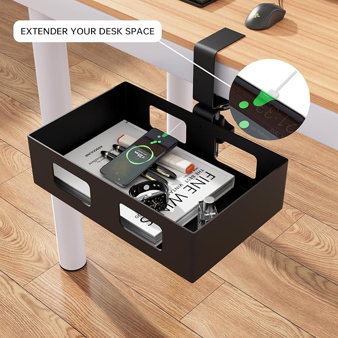 2 Pack Clamp-on Swivel Organizer, Under Desk Hidden Storage Drawer with Cable Hole, Hanging Metal Basket for Extender Space - Image 5
