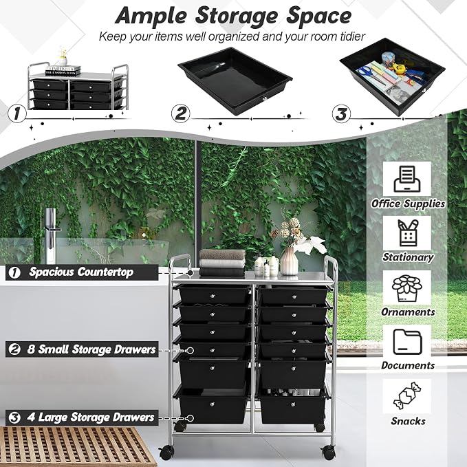 COSTWAY 12-Drawer Rolling Storage Cart, Moveable Art Craft Organizer | Lockable Wheels, Metal Shelf, Files Arrangement Tools Makeup Storage Cart for Office, Home, School (Black) - Image 6