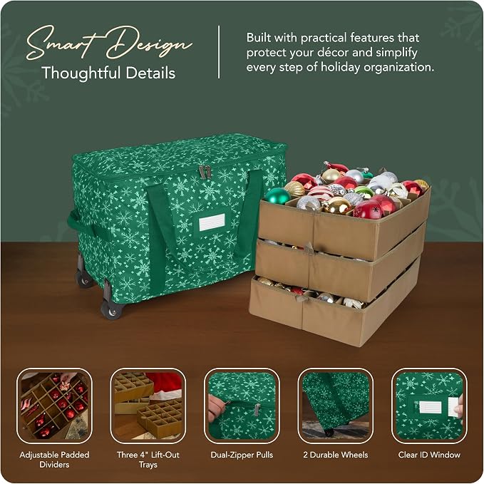 Covermates Keepsakes Rolling Adjustable Ornament Storage Bag – Heavy-Duty Polyester, FlexGrid Trays & Padded Dividers – Protective Holiday Organizer with Wheels, Handles & ID Window, Green Snowflake - Image 4