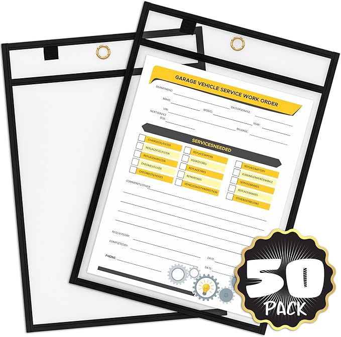 SCRIBBLEDO Dry Erase Pocket Sleeves, Job Ticket Holders with Rings 50 Pc | Oversized Reusable Heavy Duty, 10x14” Budget Friendly Bulk Sheet Protectors, Durable PET Vinyl, Easy to Clean No Residuals by Scribbledo