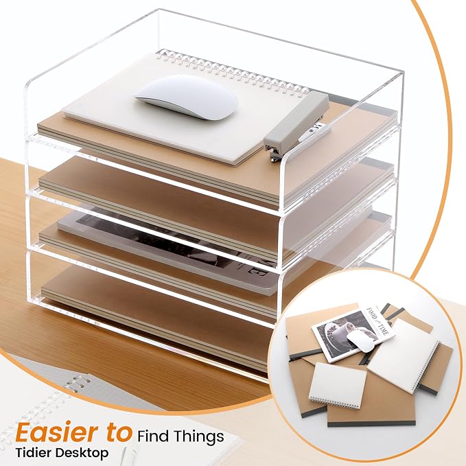 Acrylic Paper Tray, 4 Tier Paper Organizer for Desk, Clear Acrylic Desk Organizers, Stackable Letter Tray Workspace Organizer -Art Storage for School Classroom -4 Pack… - Image 3