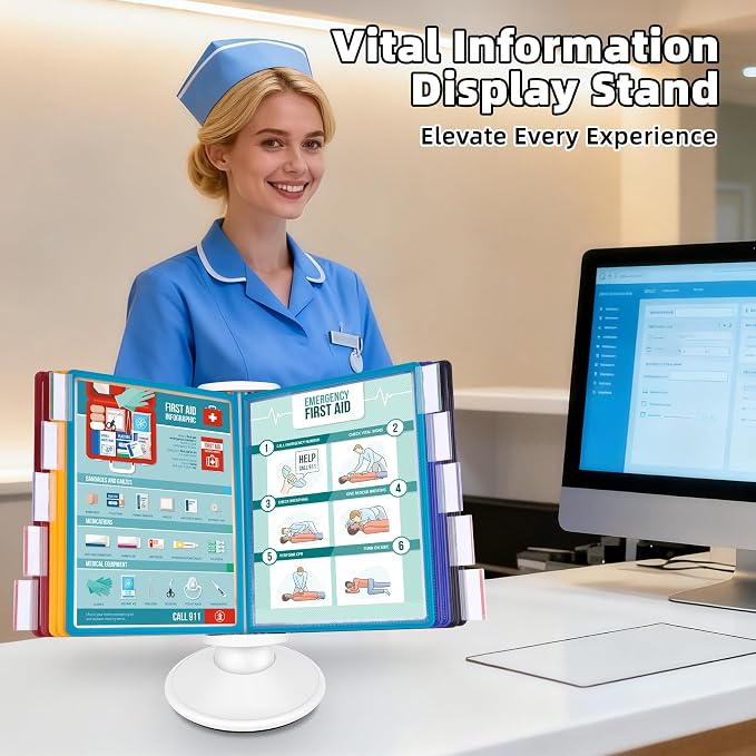 10-Pocket Desktop Reference & Display System with 360° Adjustable Base, Fast Flip & Find Desk Reference Organizer, A4/Letter Size 10 Double-Sided Panels with 5-Color Borders & Index Tabs, White - Image 6
