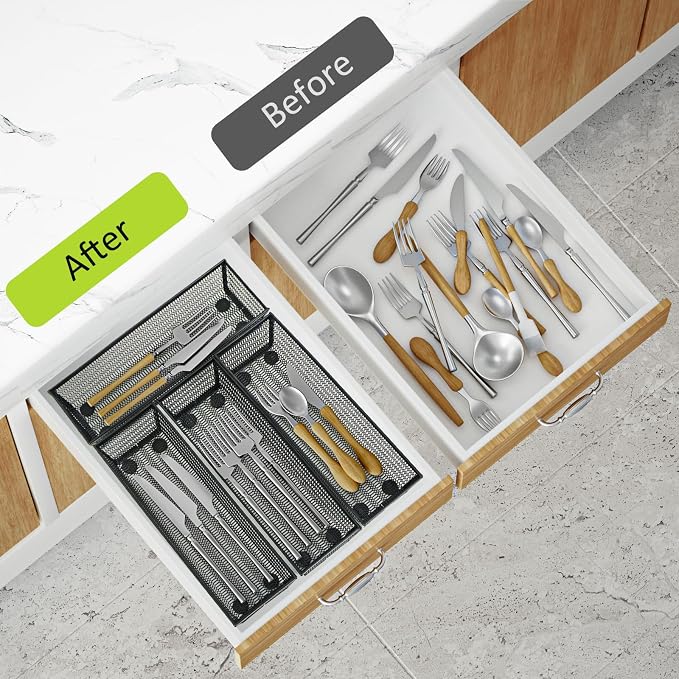 Neudeco Silverware Organizer, Black, 9 x 3 x 2 inch, Pack of 12 | Mesh Drawer Organizer, Metal Construction, For Kitchen Utensils & Flatware, Multi-Purpose Use - Image 6