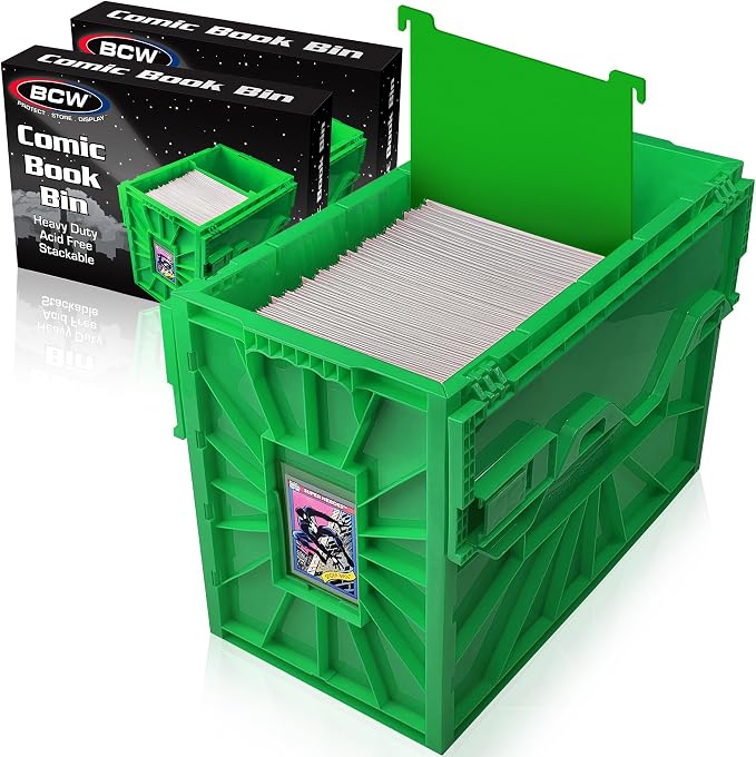 BCW Short Comic Book Bin | Holds 150 Comics | Stackable Plastic Storage | Acid-Free Organizer | Green, 2 Pack by BCW