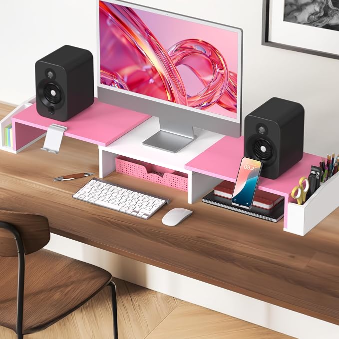 Simple Houseware Desk Dual Monitor Stand Riser with Drawer, Pink | Customizable Organizer Tray, Built-In Phone & Tablet Slot and Side Storage - Image 5