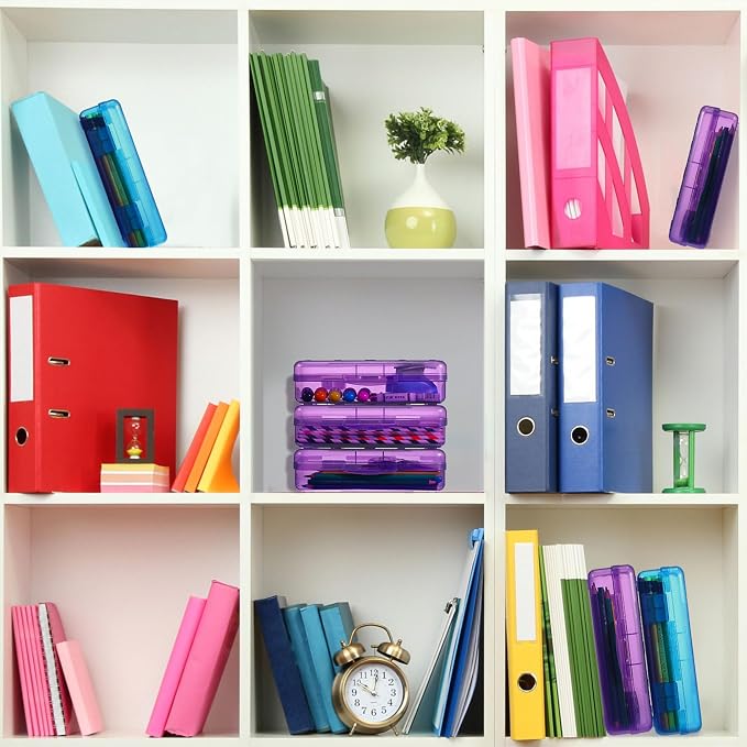 Fainne 24 Pack Pencil Boxes for School Clear Plastic Pencil Case Large Plastic Crayon Box Bulk Stackable Classroom Stationery Organizer School Supplies(Blue, Purple) - Image 5