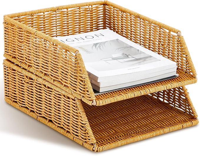 Yeaqee 2 Pcs Paper Tray Organizer for Desk Woven Letter File Organizer A4 File Tray Desk Paper Basket Letter Size Imitation Rattan Holder Organization Rack for Office Storage(Brown,Sleek Style) by Yeaqee