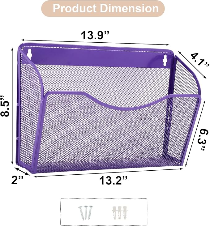 3 Single Pocket Mesh Hanging File Organizer, Vertical Wall Mounted Magazine File Holder, Mount Basket Mail Paper Document Folder Organizing for Office, Home and School, Purple - Image 6