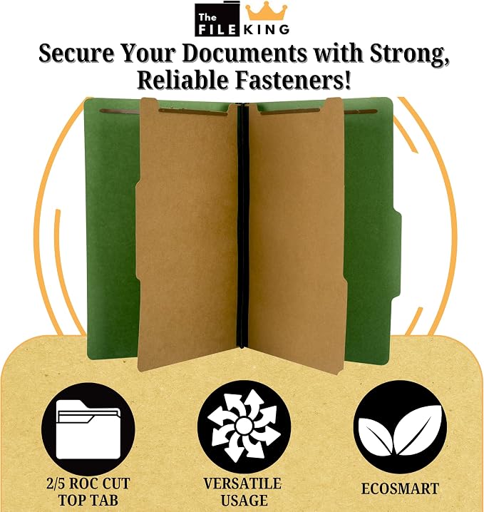 The File King Pressboard Classification Dark Green Partition File Folder | Legal Size - Box of 10 | Two Dividers | Six 2” Durable Fastener Prongs | 2/5 Cut Top Tab | 2” Expansion - Image 3