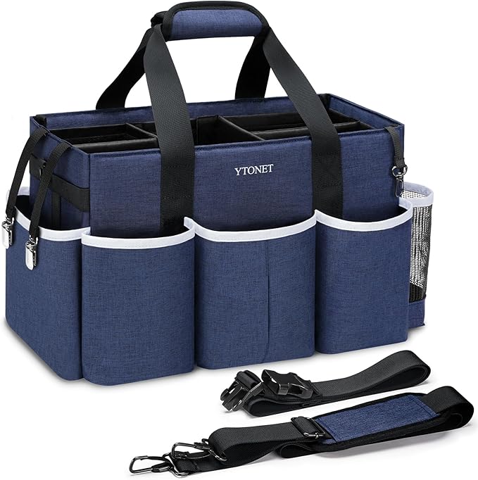 Ytonet Extra Large Cleaning Caddy Bag with Dividers, Foldable Cleaning Tote | Professional Housekeeping Tote for Cleaners, Wearable Cleaning Caddy Organizer with Shoulder Strap & Waist Strap, Blue by YTONET