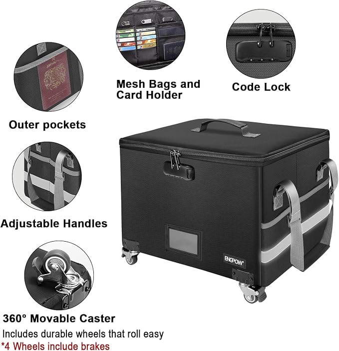 ENGPOW Fireproof Document Box with Wheels, Collapsible File Box with Lock, Rolling File Storage Organizer Filing Cabinet with Pockets, Portable Home Office Safe for Hanging Letter/Legal Folder - Image 4