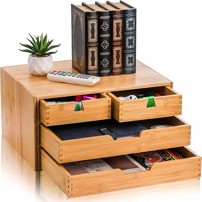 Bamboo Desk Organizer, 100% Natural Bamboo Desktop Drawer Organizer, Tabletop Storage Cabinet Organization Box with 4 Drawers for Makeup, Letter, Home Office Supplies, 3-Layer, Fully Assembled by DEAYOU