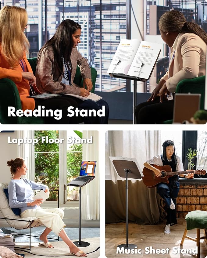 Viozon Floor Book Stand, Height Adjustable Reading Stand, Multi-Purpose Book Holder/Laptop Stand/Music Sheet Stand, 180° Tilt Desktop, Heavy-Duty Base, Two-Stage Page Clips for Thick Books - Image 2