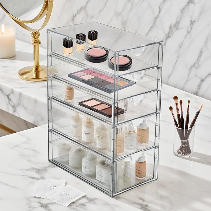 Prsildan Hair Accessories Organizer Acrylic Drawer with 5 Small Drawers | Clear, For Bathroom Vanity Office Desk, Jewelry Makeup Storage - Image 2