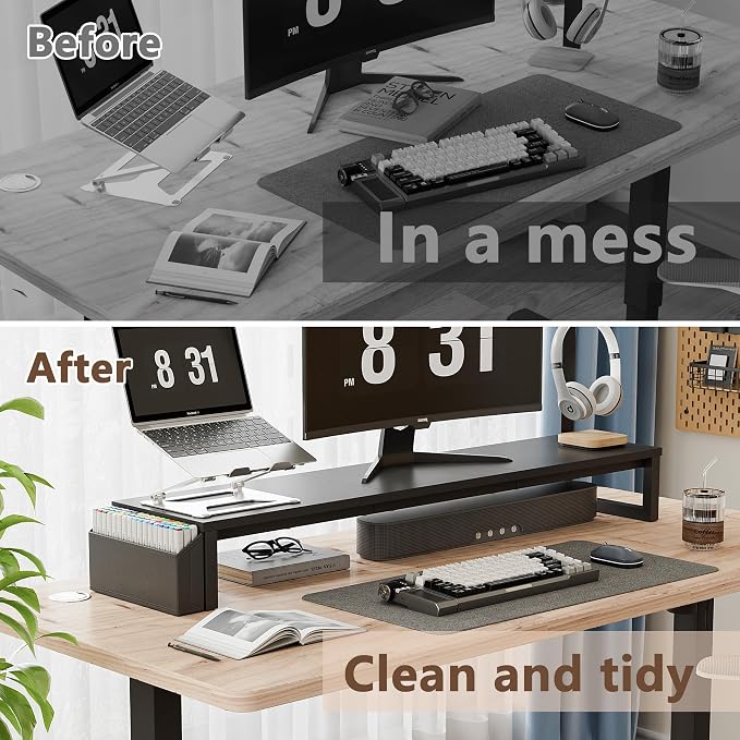 LAND·VOI Dual Monitor Stand Riser,41.5'' Long Monitor Stand for 2 Monitors, Wood and Steel Computer Monitor Stand, Desktop Oraganizer with Pen Holder, Monitor Riser for Desk Computer,Laptop,TV, Black - Image 7