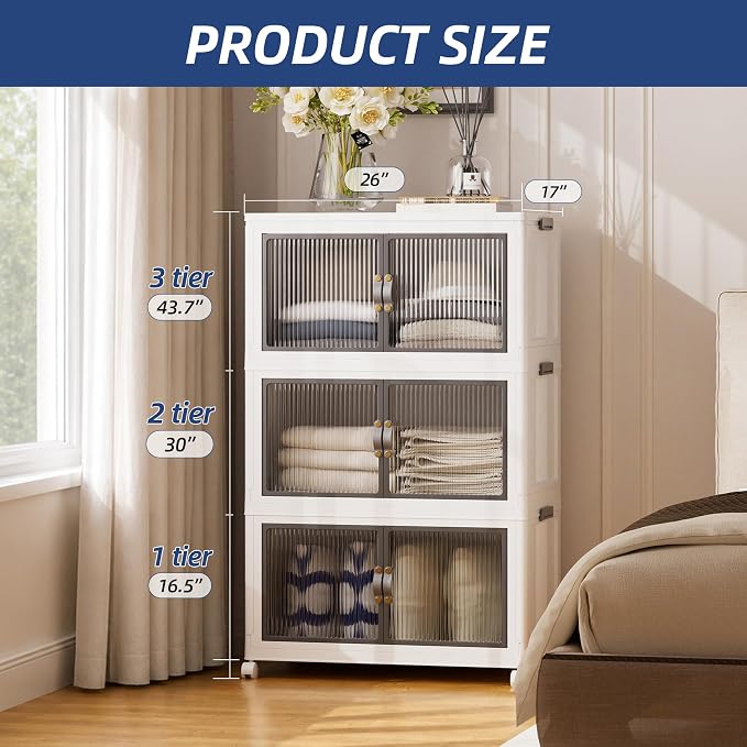 SAILUN 348Qt Stackable Storage Bins,Storage Cabinet with a Lid,3 Pack White | Stackable Storage Drawers with Lids,26" W x 17" D x 43.7" H,Featuring open-front Access for Clothes and Closet Storage - Image 6