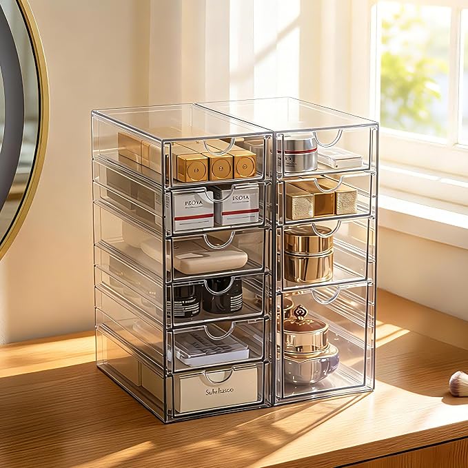 Prsildan Hair Accessories Organizer Acrylic Drawer with 10 Drawers | Clear, Craft Art Supply Storage, For Office Desk Bathroom Vanity Countertop, Set of 2 - Image 8