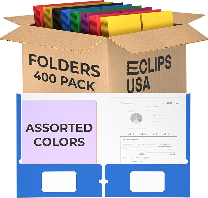 400 Pack Folders with Pockets Bulk 2 Pocket Folders Holds 100 Sheets Assorted Colors Office Or School by VEEBOOST