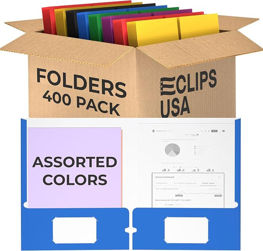 400 Pack Folders with Pockets Bulk 2 Pocket Folders Holds 100 Sheets Assorted Colors Office Or School by VEEBOOST