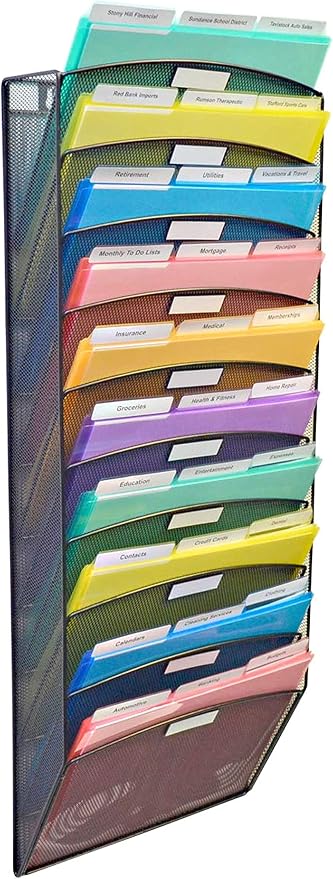 Ultimate Office Mesh Hanging Wall File Organizer, 10 Tier + 18 PocketFiles | Vertical mount hanging file sorter and display rack; includes 18 3rd-cut PocketFile clear document folders - Image 4
