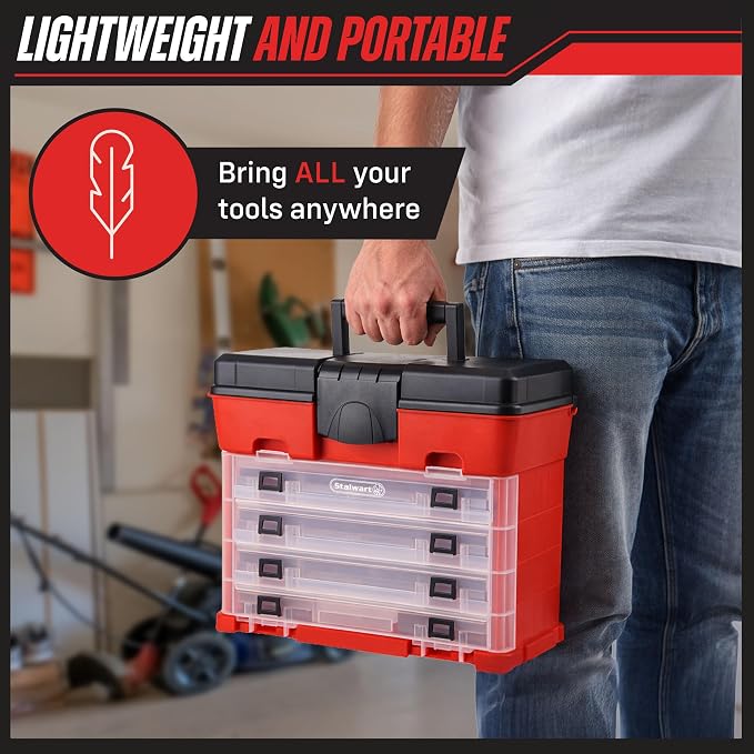 Small Parts Organizer Box - 11-Inch Portable Storage Case with 4 Removable Multi-Compartment Trays for Screws, Beads, Small Fishing Tackle, Hardware, and Craft Supplies by Stalwart (Red) - Image 6