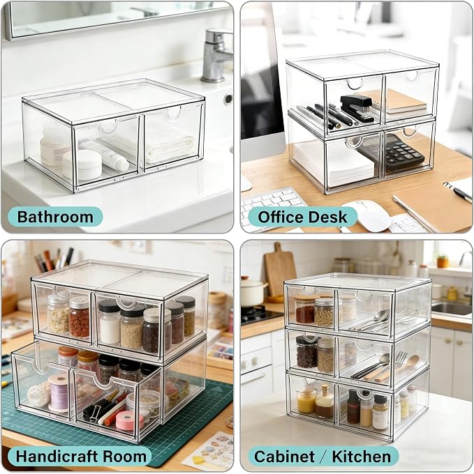 Prsildan Acrylic Storage Drawers Clear Makeup Organizer with 4 Drawers | Transparent, Stackable, For Vanity Bathroom Kitchen Cabinets Office Desk Undersink, Cosmetics Toiletries Home Small Items - Image 4